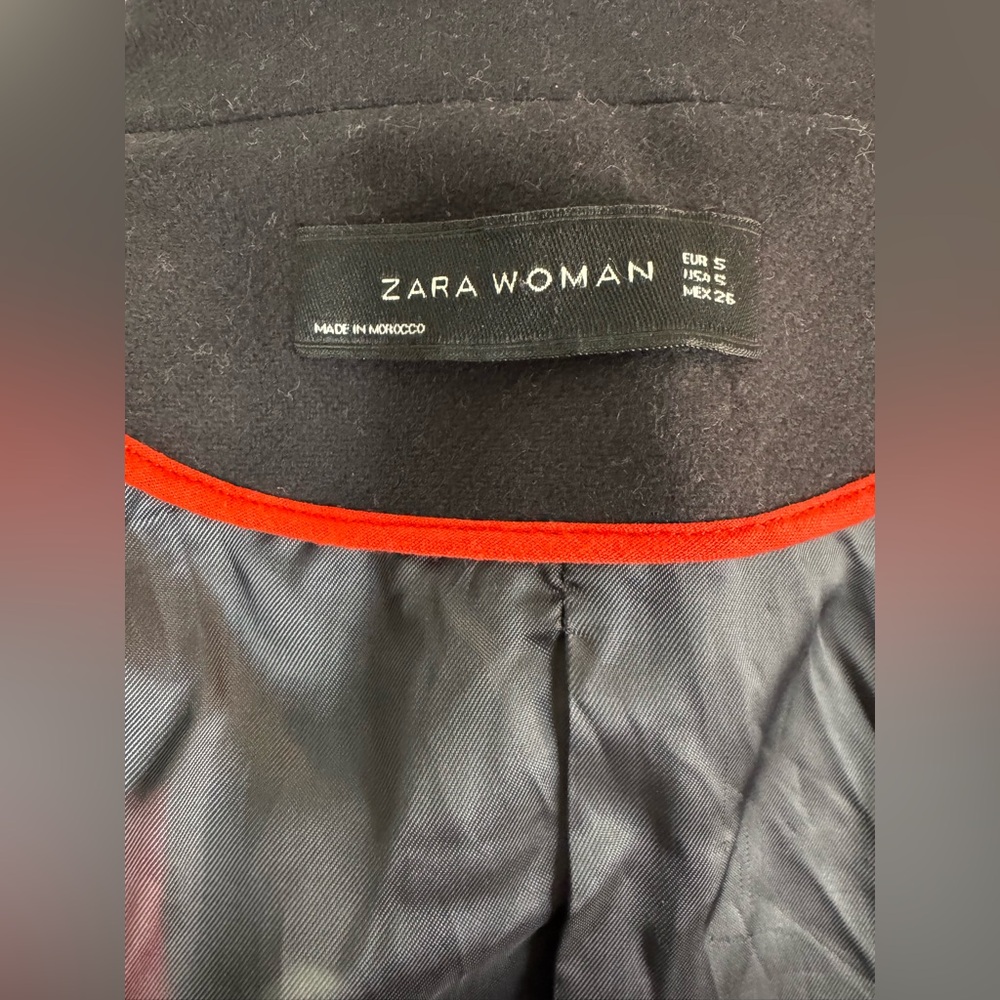 Zara Women's Double-Breasted Navy Coat with Red Accents - Picture 10 of 12